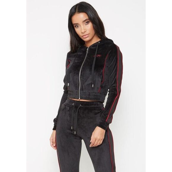 Manière De Voir Black Velour Zip Hoodie Jacket Size 6 MDV Tracksuit Cropped‎ Y2K - Picture 1 of 13